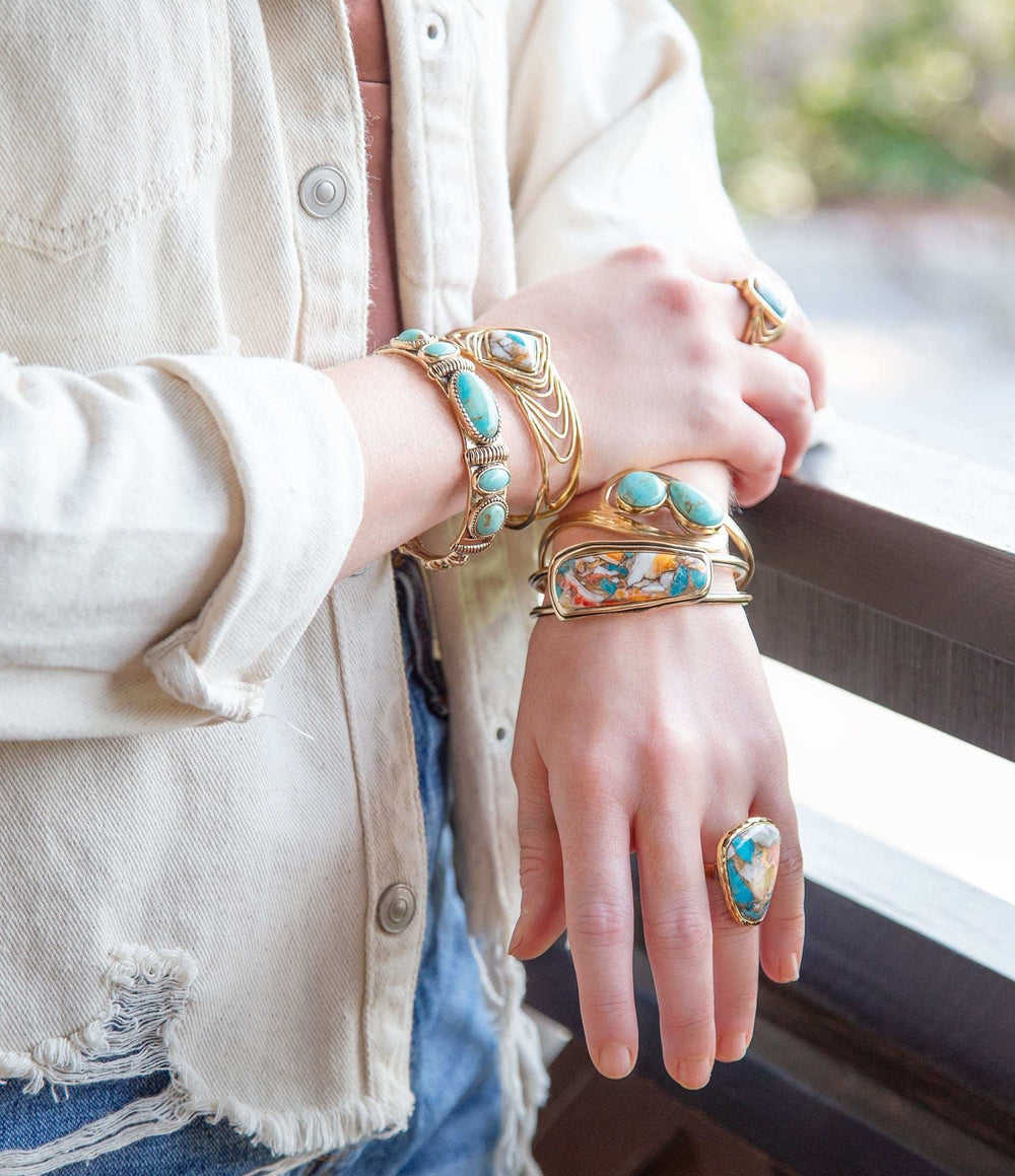 Arrows Blue Turquoise and Orange Spiny Oyster Matrix Golden Cuff Bracelet - Barse Jewelry - Flyclothing LLC
