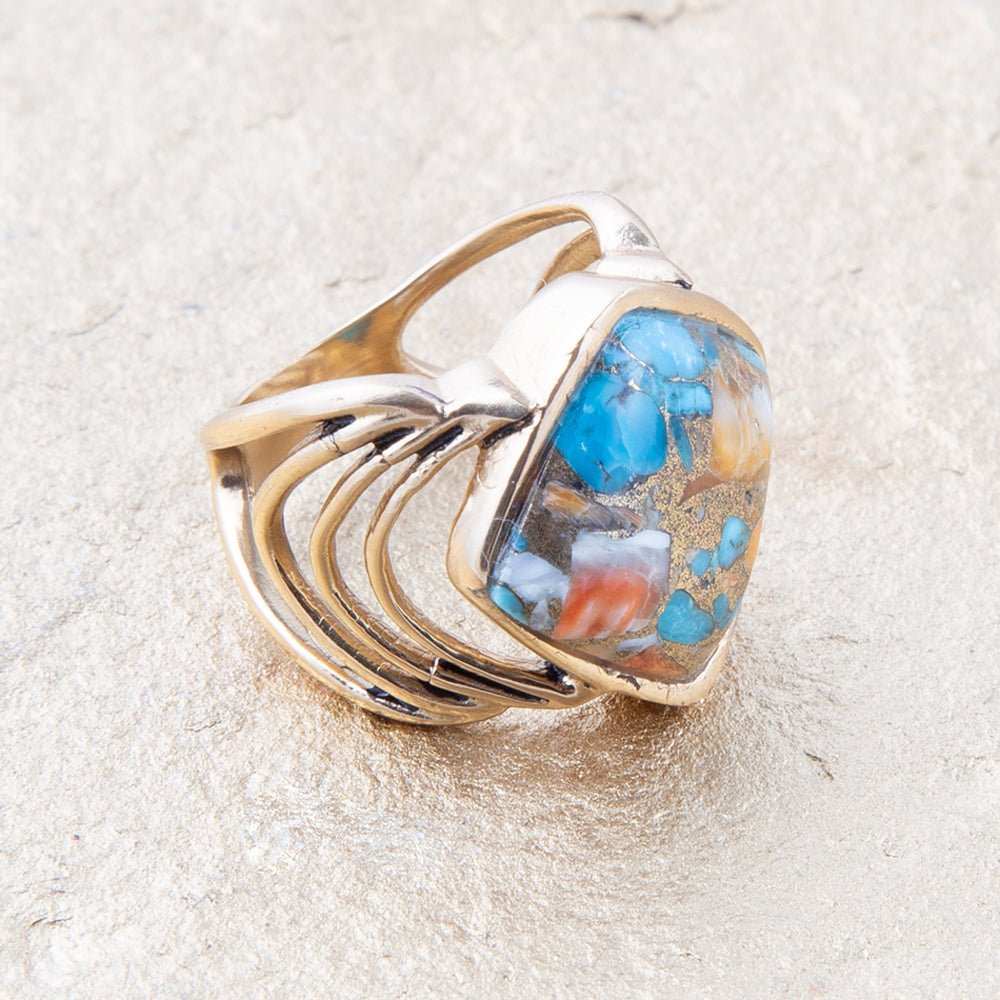 Arrows Blue Turquoise and Orange Spiny Oyster Matrix Golden Ring - Barse Jewelry - Flyclothing LLC