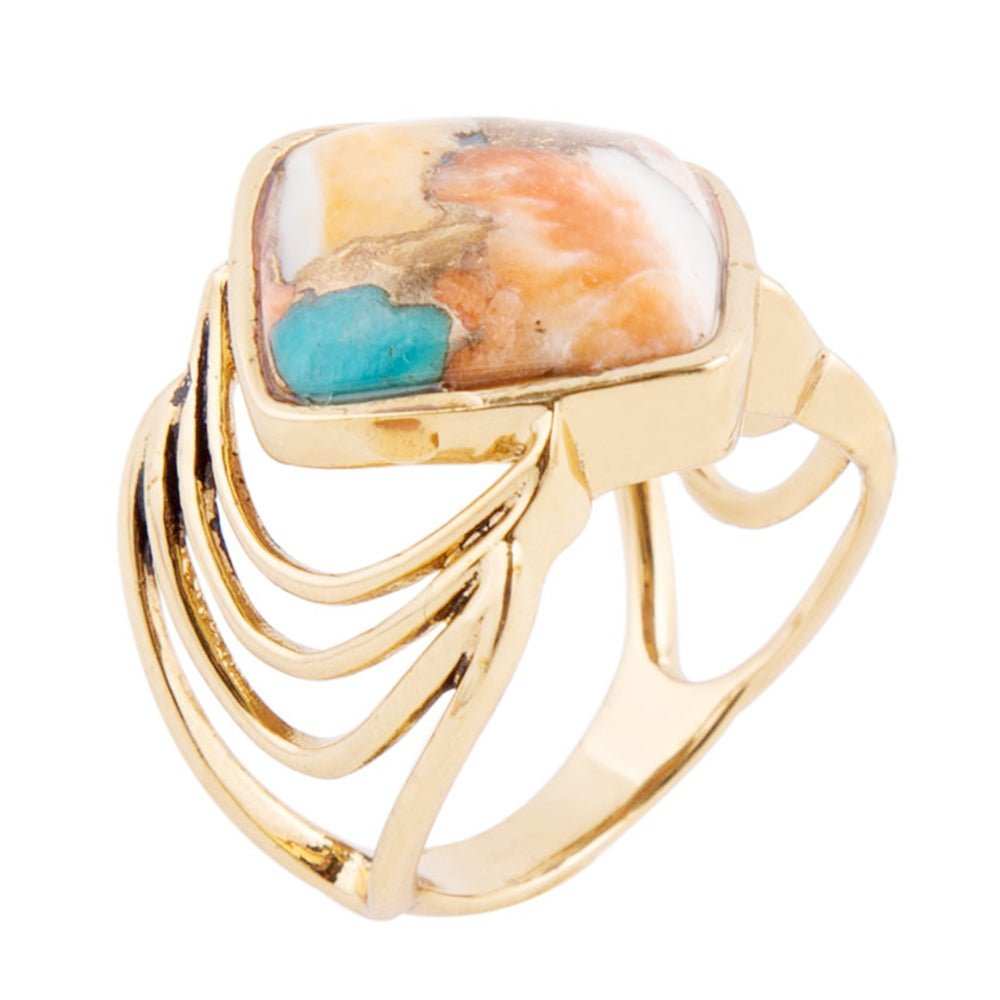 Arrows Blue Turquoise and Orange Spiny Oyster Matrix Golden Ring - Barse Jewelry - Flyclothing LLC