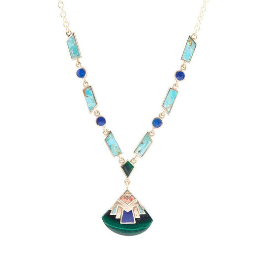 Art Deco Colorful Inlay Golden Necklace - Barse Jewelry - Flyclothing LLC