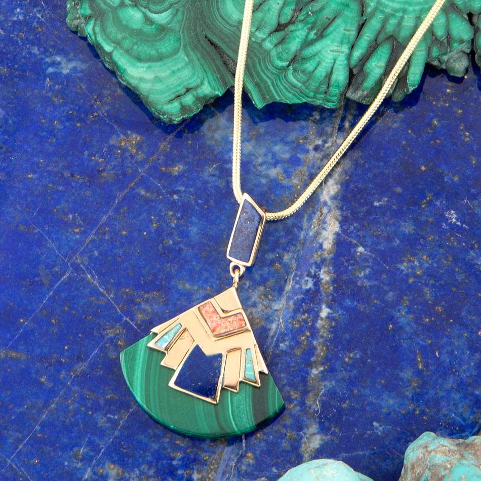 Art Deco Colorful Inlay Golden Pendant Necklace - Barse Jewelry - Flyclothing LLC