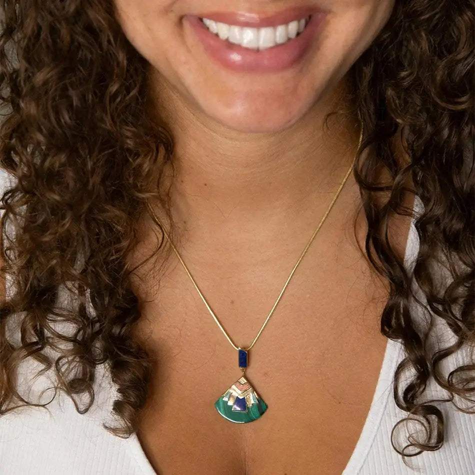 Art Deco Colorful Inlay Golden Pendant Necklace - Barse Jewelry - Flyclothing LLC