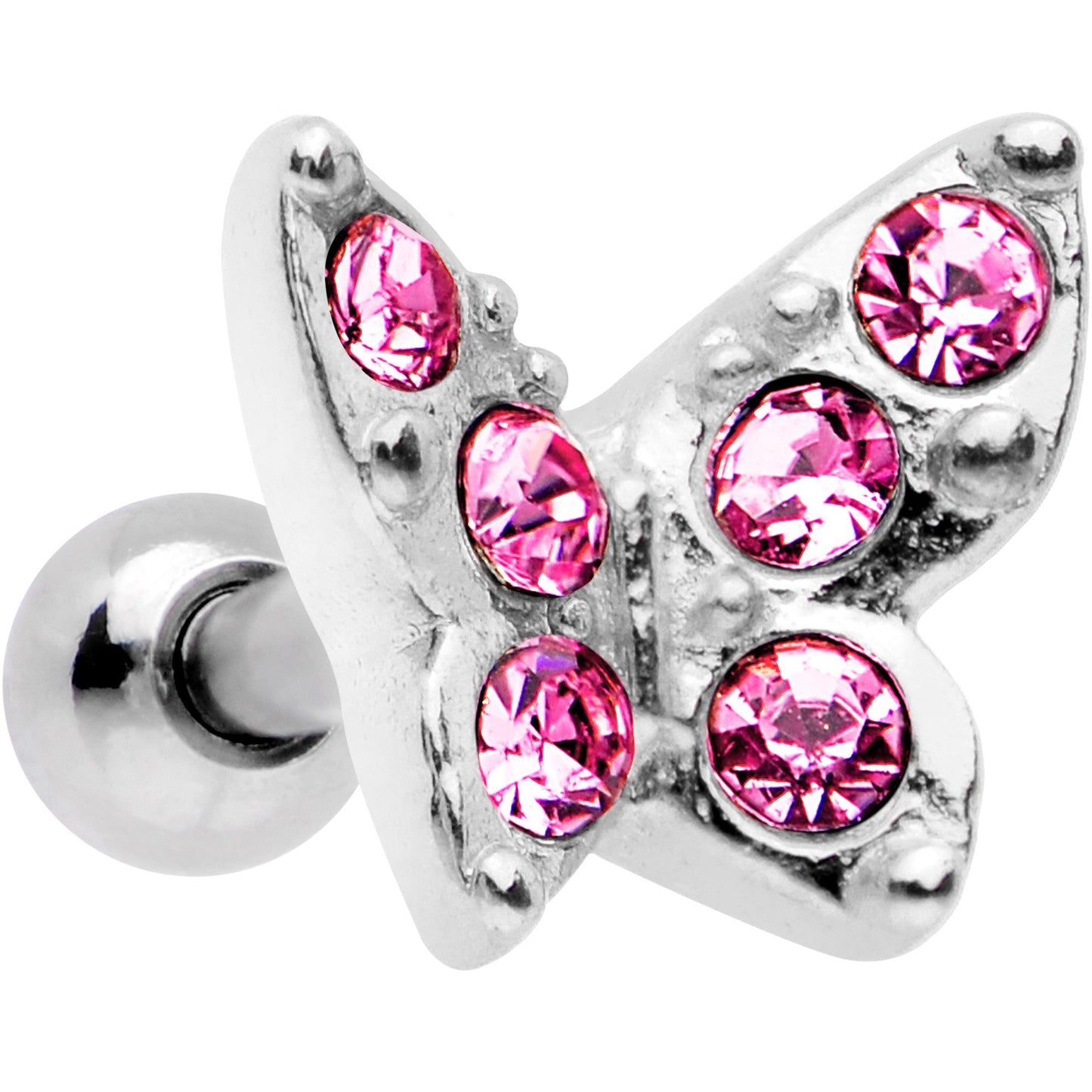 16G Pink Gem Silver Tone Butterfly Tragus Cartilage Earring - BodyCandy - Flyclothing LLC