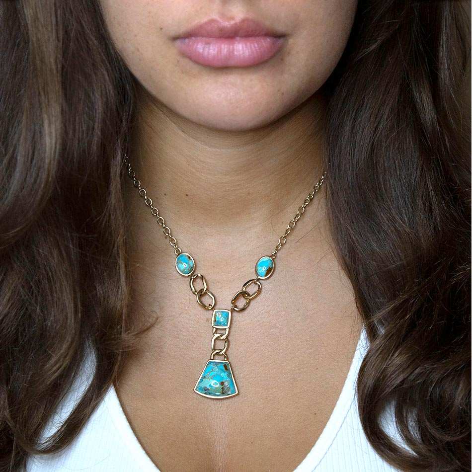 Athena Blue Turquoise Golden Y Neck Necklace - Barse Jewelry - Flyclothing LLC
