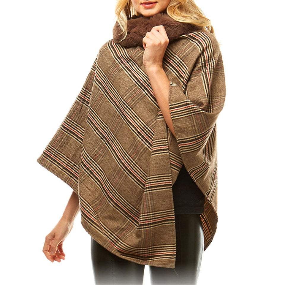 Aubrie Cozy Warm Plaid Checkered Super Sofy Faux Fur Collar Poncho - Madeline Love - Flyclothing LLC