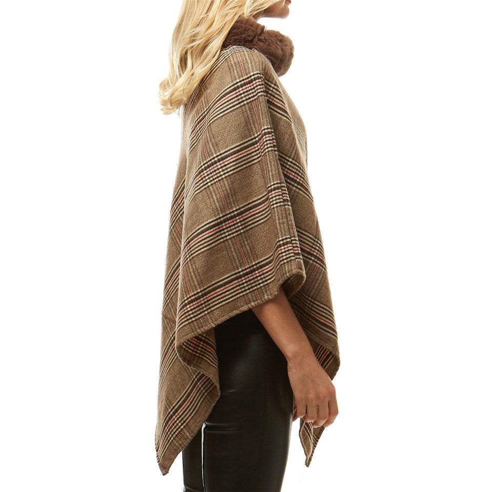 Aubrie Cozy Warm Plaid Checkered Super Sofy Faux Fur Collar Poncho - Madeline Love - Flyclothing LLC