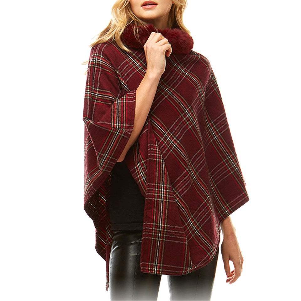 Aubrie Cozy Warm Plaid Checkered Super Sofy Faux Fur Collar Poncho - Madeline Love - Flyclothing LLC