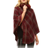 Aubrie Cozy Warm Plaid Checkered Super Sofy Faux Fur Collar Poncho - Madeline Love - Flyclothing LLC