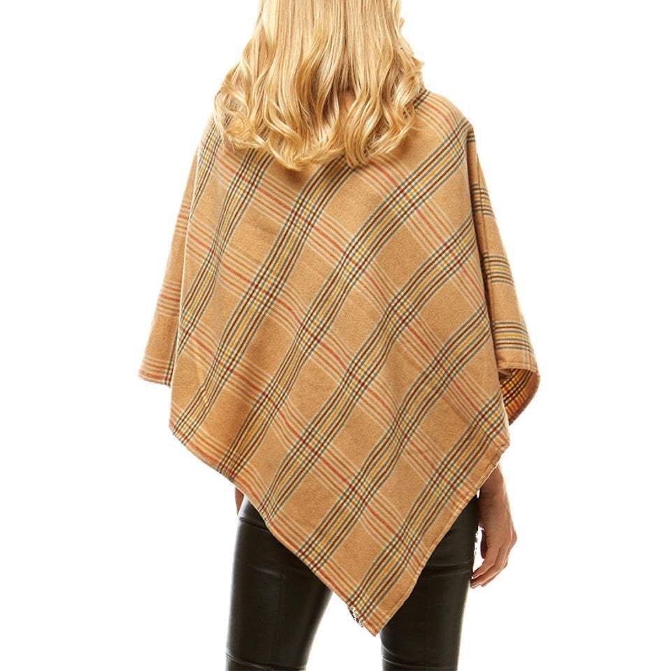 Aubrie Cozy Warm Plaid Checkered Super Sofy Faux Fur Collar Poncho - Madeline Love - Flyclothing LLC