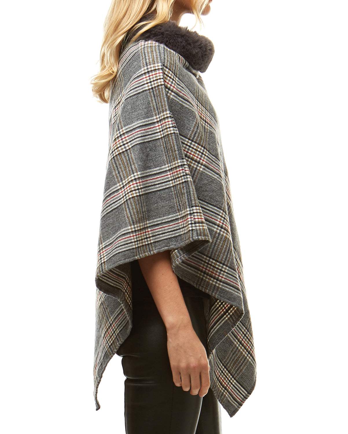 Aubrie Cozy Warm Plaid Checkered Super Sofy Faux Fur Collar Poncho - Madeline Love - Flyclothing LLC