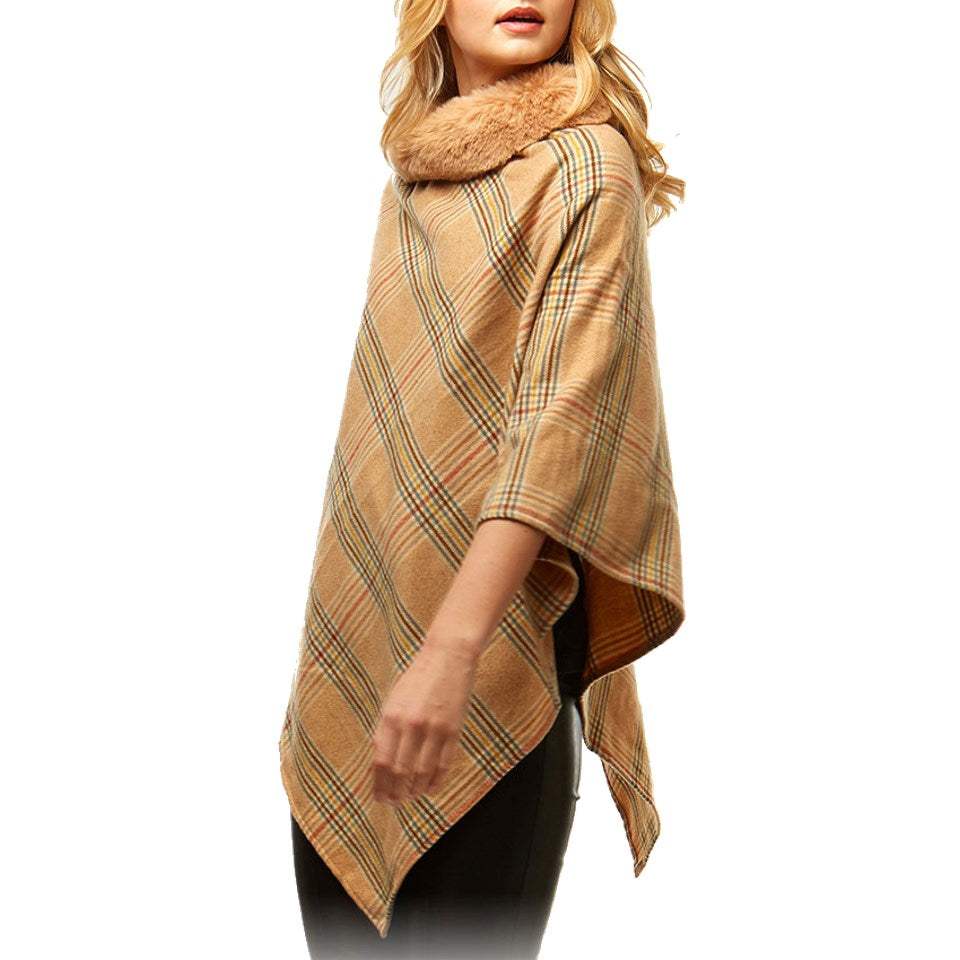Aubrie Cozy Warm Plaid Checkered Super Sofy Faux Fur Collar Poncho - Madeline Love - Flyclothing LLC