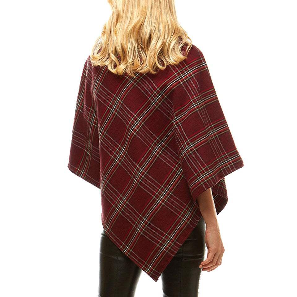 Aubrie Cozy Warm Plaid Checkered Super Sofy Faux Fur Collar Poncho - Madeline Love - Flyclothing LLC