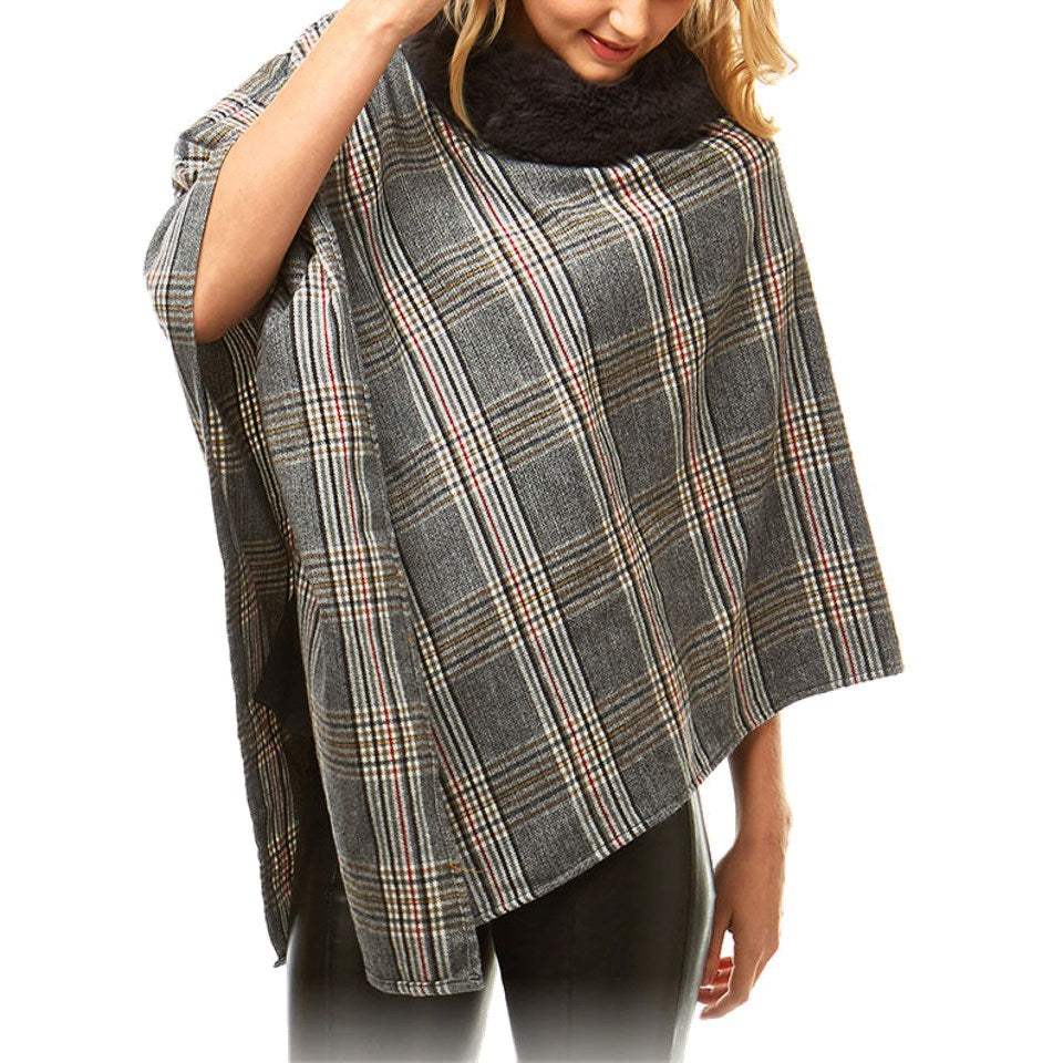Aubrie Cozy Warm Plaid Checkered Super Sofy Faux Fur Collar Poncho - Madeline Love - Flyclothing LLC