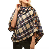 Averie Cozy Warm Plaid High Neck Collar Side Buttons Poncho High Neck Ruana - Madeline Love - Flyclothing LLC