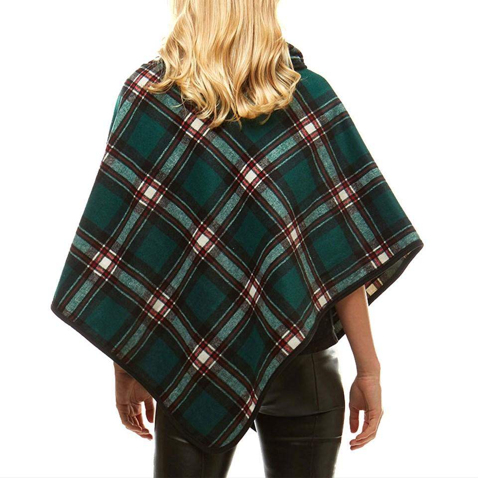 Averie Cozy Warm Plaid High Neck Collar Side Buttons Poncho High Neck Ruana - Madeline Love - Flyclothing LLC