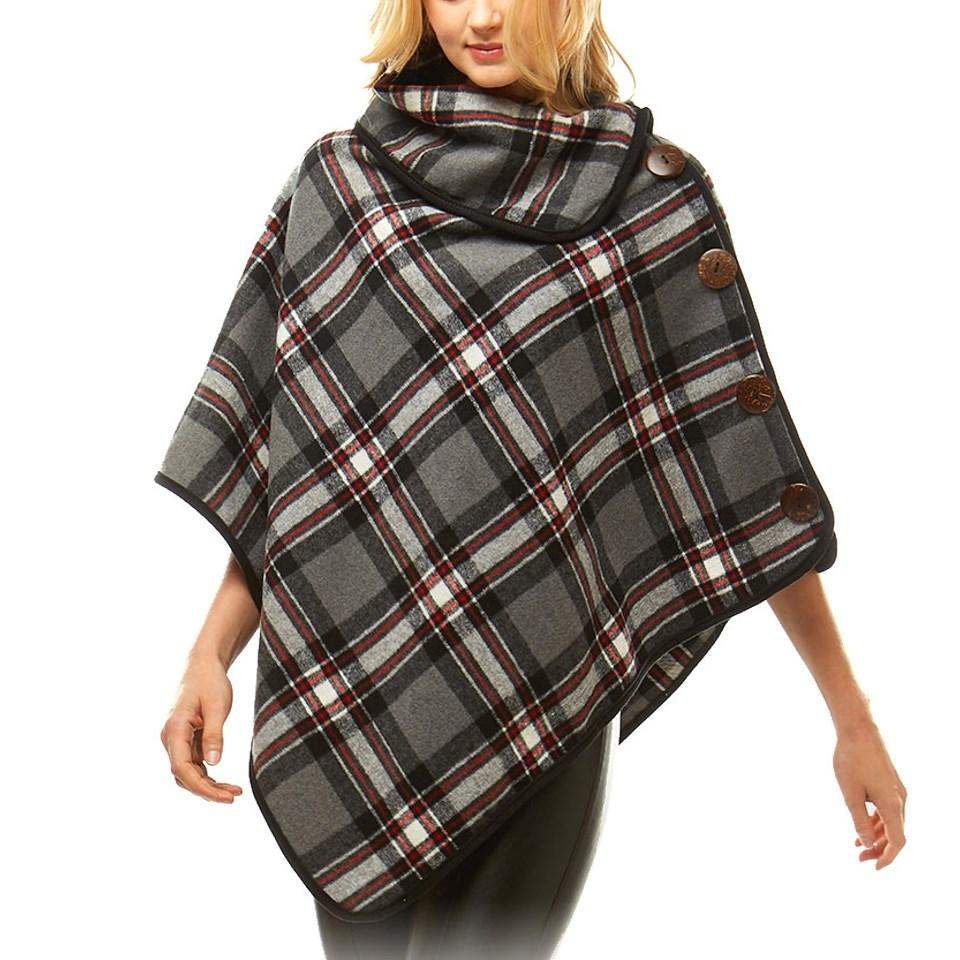 Averie Cozy Warm Plaid High Neck Collar Side Buttons Poncho High Neck Ruana - Madeline Love - Flyclothing LLC