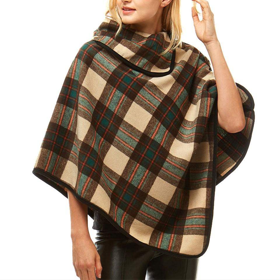 Averie Cozy Warm Plaid High Neck Collar Side Buttons Poncho High Neck Ruana - Madeline Love - Flyclothing LLC