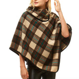 Averie Cozy Warm Plaid High Neck Collar Side Buttons Poncho High Neck Ruana - Madeline Love - Flyclothing LLC