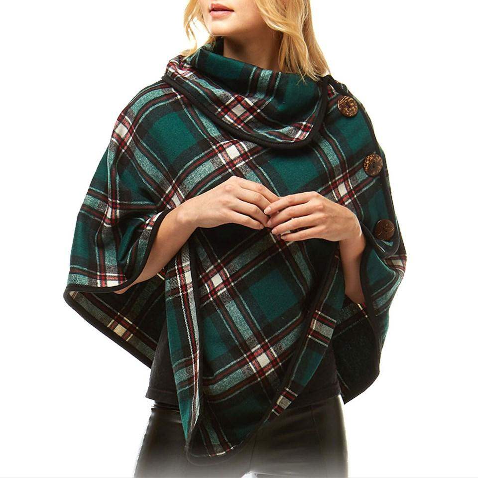 Averie Cozy Warm Plaid High Neck Collar Side Buttons Poncho High Neck Ruana - Madeline Love - Flyclothing LLC