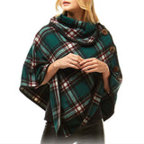 Averie Cozy Warm Plaid High Neck Collar Side Buttons Poncho High Neck Ruana - Madeline Love - Flyclothing LLC