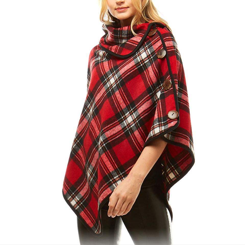 Averie Cozy Warm Plaid High Neck Collar Side Buttons Poncho High Neck Ruana - Madeline Love - Flyclothing LLC
