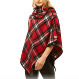 Averie Cozy Warm Plaid High Neck Collar Side Buttons Poncho High Neck Ruana - Madeline Love - Flyclothing LLC