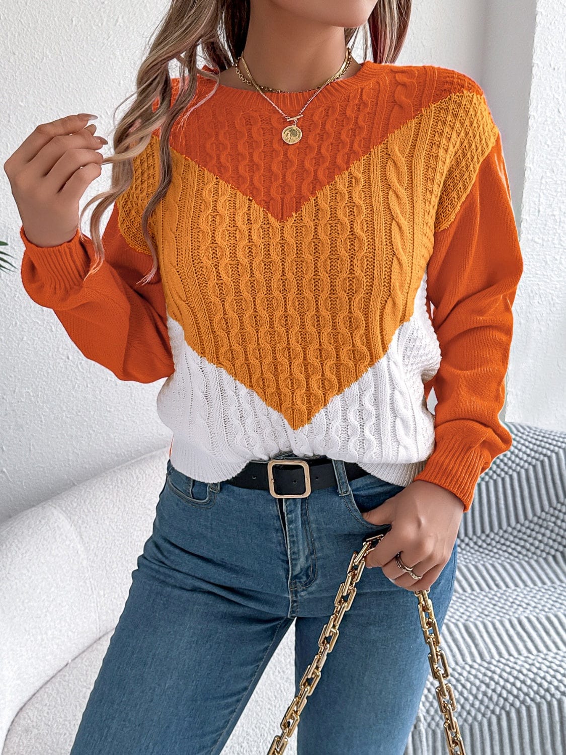 Contrast Round Neck Long Sleeve Sweater - Trendsi