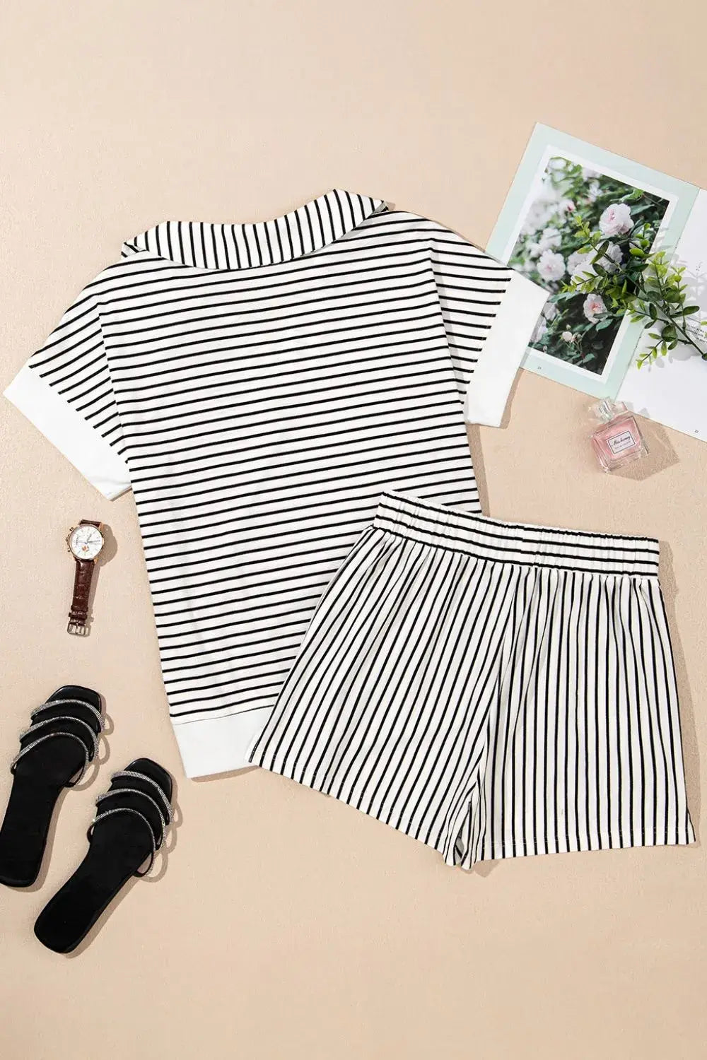 Stripe V Neck Tee and Casual Shorts Set - Trendsi - Flyclothing LLC