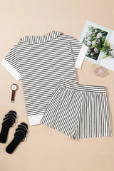 Stripe V Neck Tee and Casual Shorts Set - Trendsi - Flyclothing LLC
