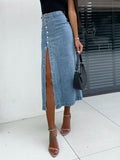 Front Button Slit Midi Denim Skirt - Trendsi