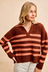 BiBi Striped Sweater Top with Collar Stitched Details - Trendsi - Flyclothing LLC