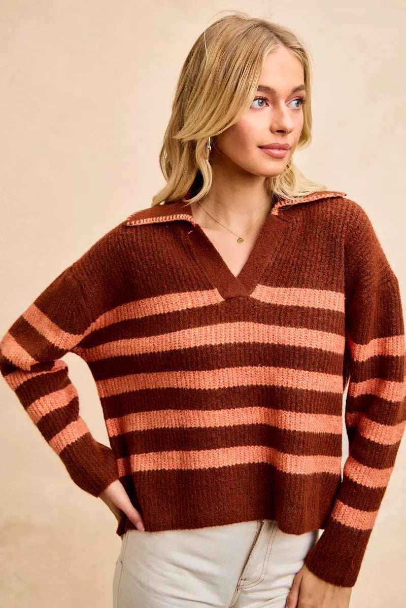 BiBi Striped Sweater Top with Collar Stitched Details - Trendsi - Flyclothing LLC