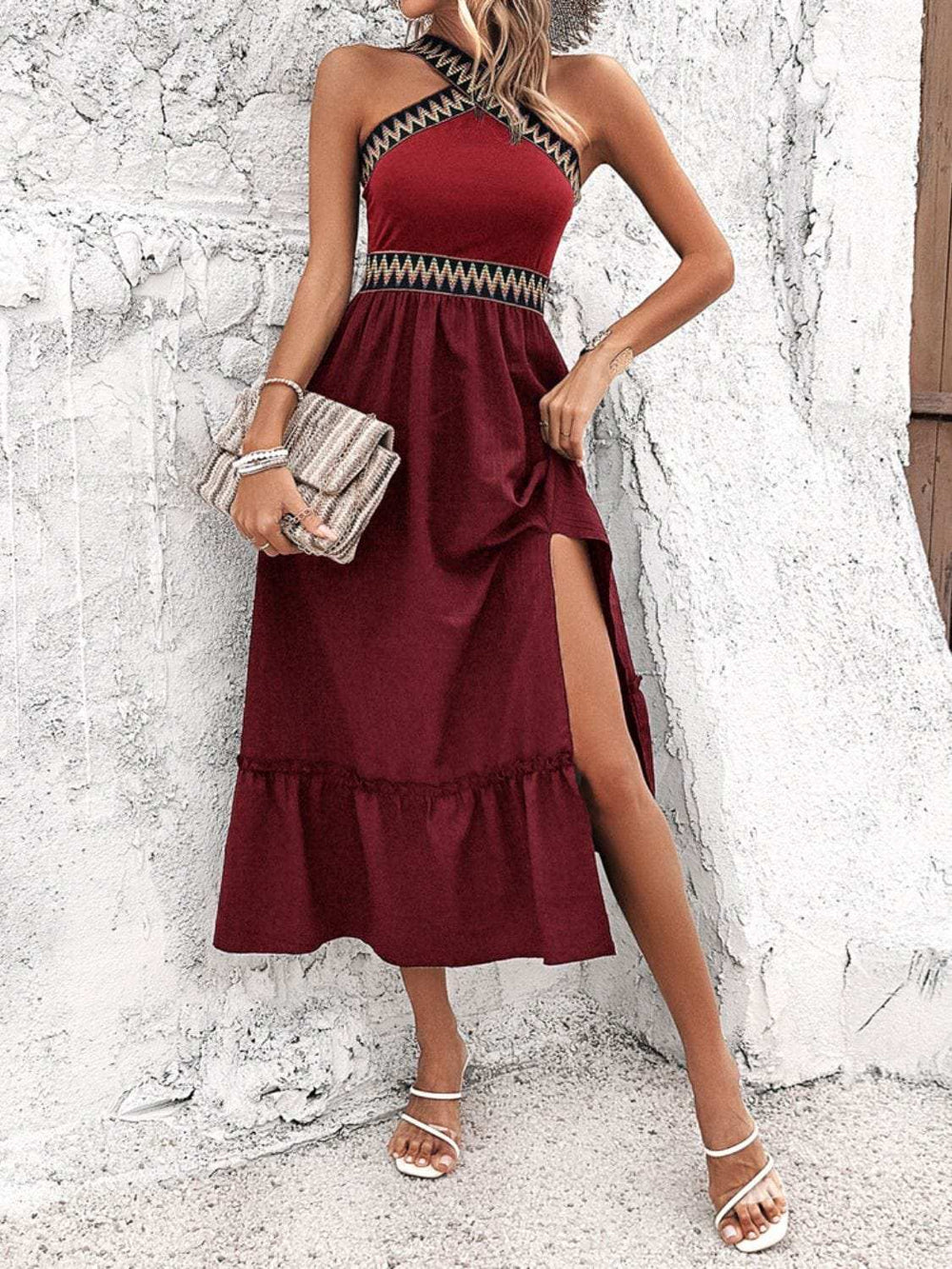 Devine Ruffled Slit Sleeveless Midi Dress - Trendsi - Flyclothing LLC