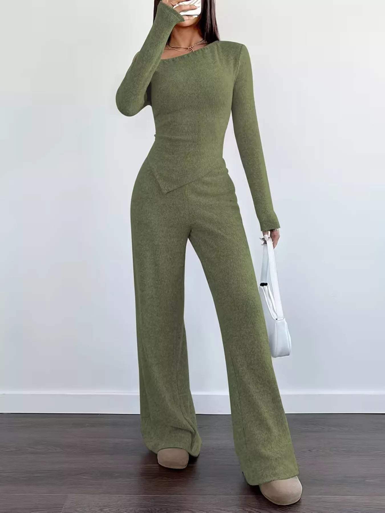 Chic One-Shoulder Asymmetrical Top and Wide-Leg Pants Set - Trendsi - Flyclothing LLC