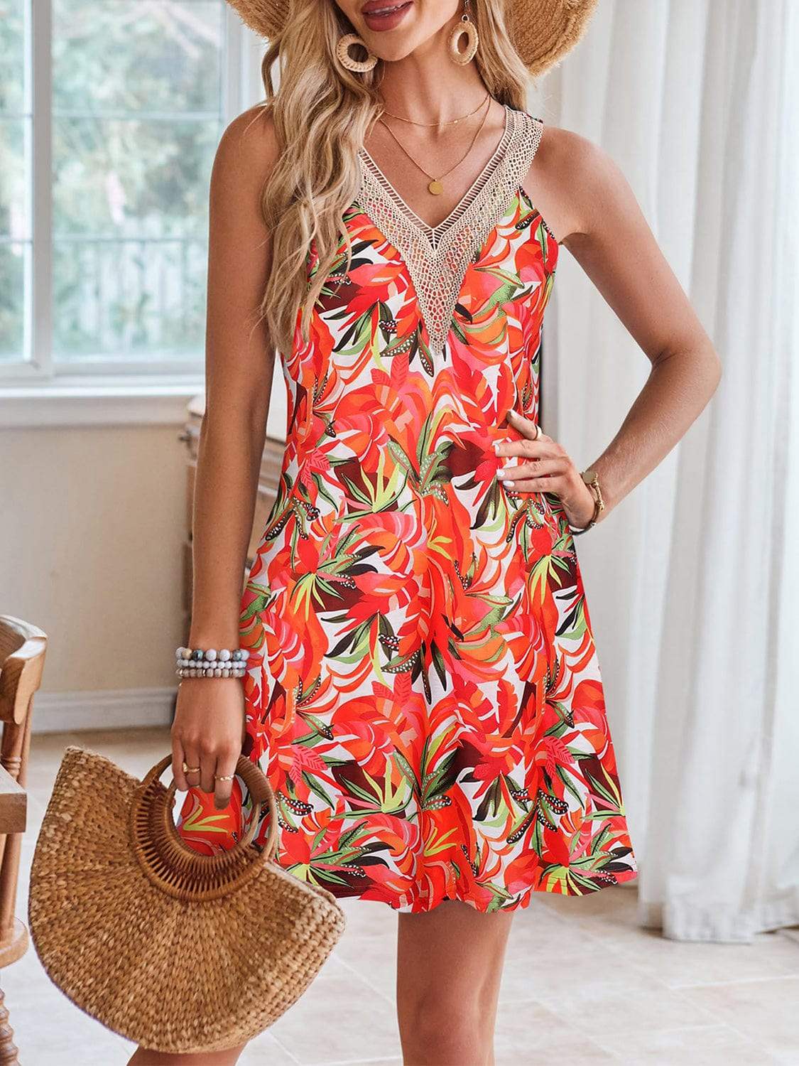 Lace Detail Printed V-Neck Sleeveless Dress - Trendsi - Flyclothing LLC