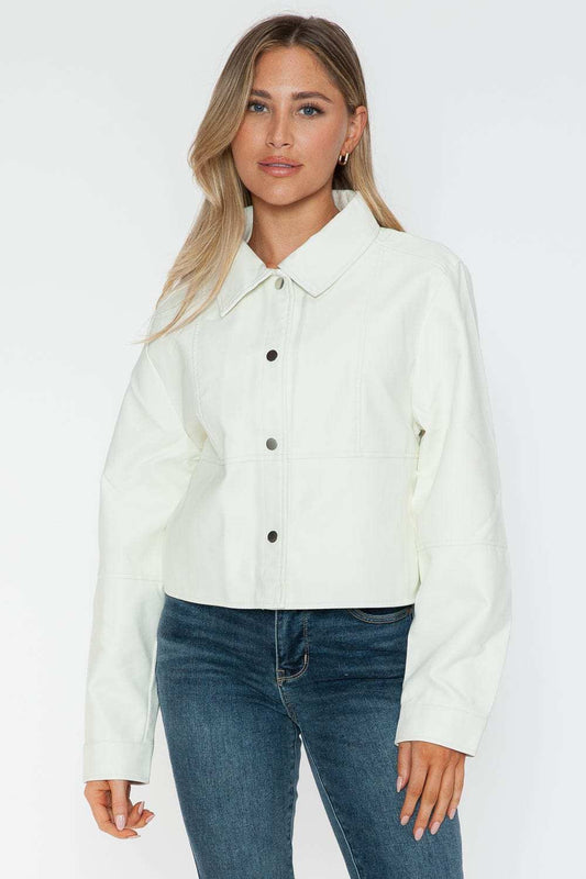 Snobbish Snap Down Long Sleeve PU Leather Jacket - Trendsi - Flyclothing LLC