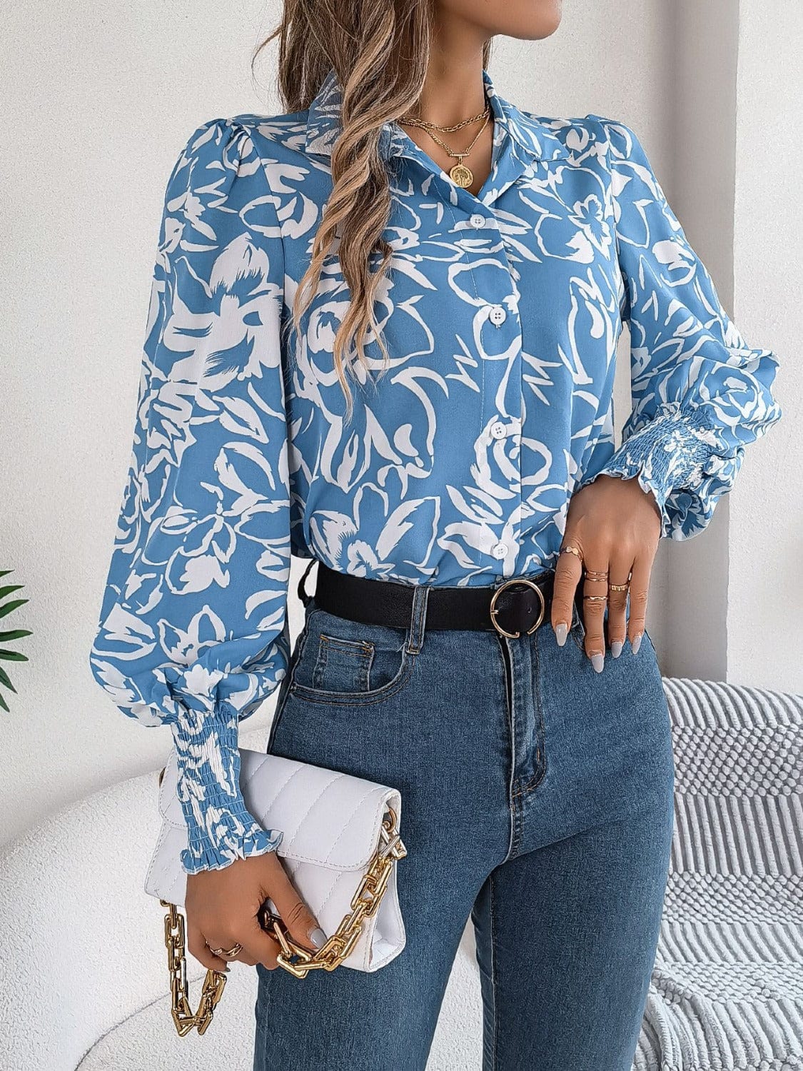 Printed Collared Neck Lantern Sleeve Shirt - Trendsi