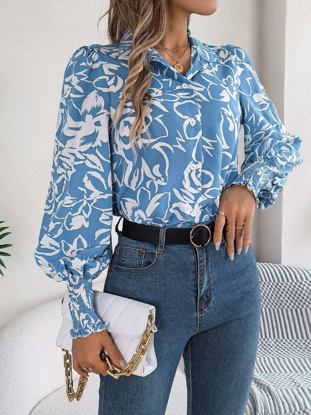 Printed Collared Neck Lantern Sleeve Shirt - Trendsi - Flyclothing LLC