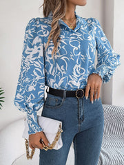 Printed Collared Neck Lantern Sleeve Shirt - Trendsi
