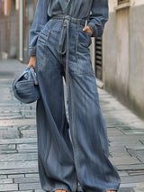 Vintage Wash Long Sleeve Denim Jumpsuit with Tie-Waist - Trendsi - Flyclothing LLC