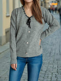 Tied V-Neck Long Sleeve Sweater - Trendsi - Flyclothing LLC