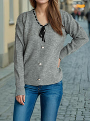 Tied V-Neck Long Sleeve Sweater - Trendsi