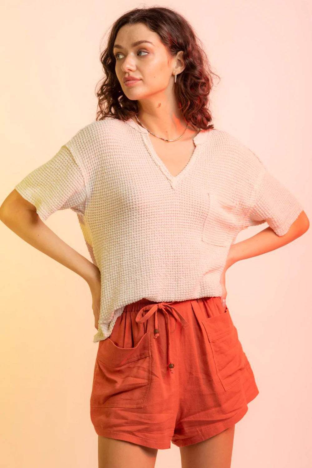 Waffle-Knit Notched Half Sleeve T-Shirt - Trendsi - Flyclothing LLC