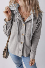 Drawstring Button Up Long Sleeve Hooded Jacket - Trendsi - Flyclothing LLC