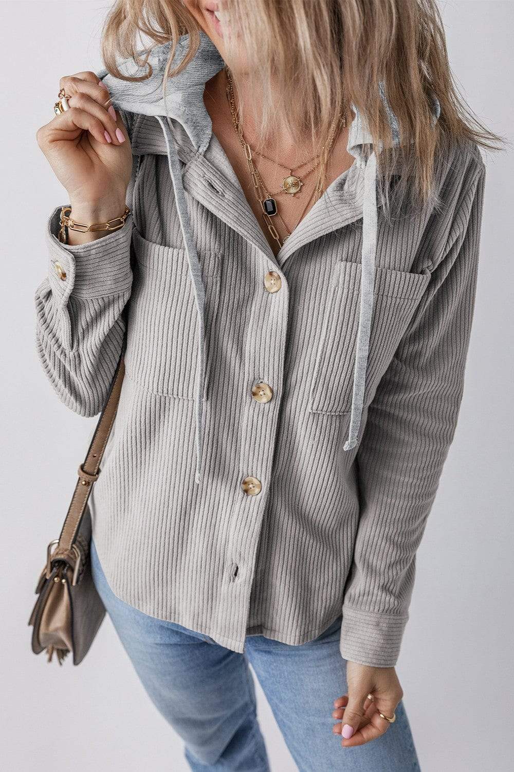 Drawstring Button Up Long Sleeve Hooded Jacket - Trendsi - Flyclothing LLC