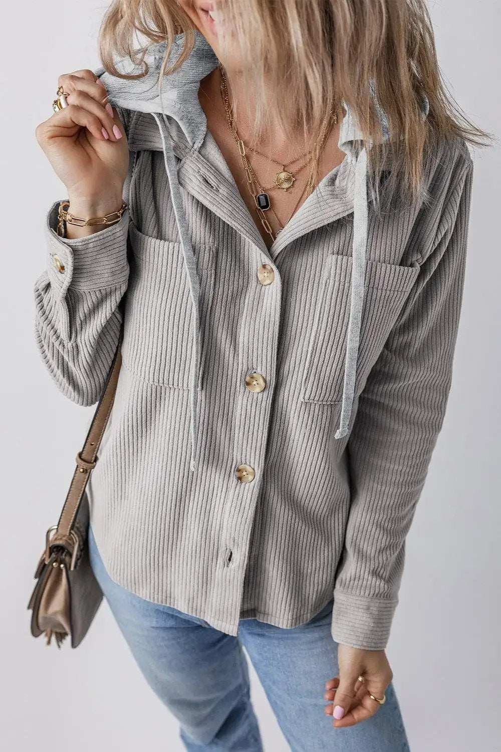 Drawstring Button Up Long Sleeve Hooded Jacket - Trendsi - Flyclothing LLC