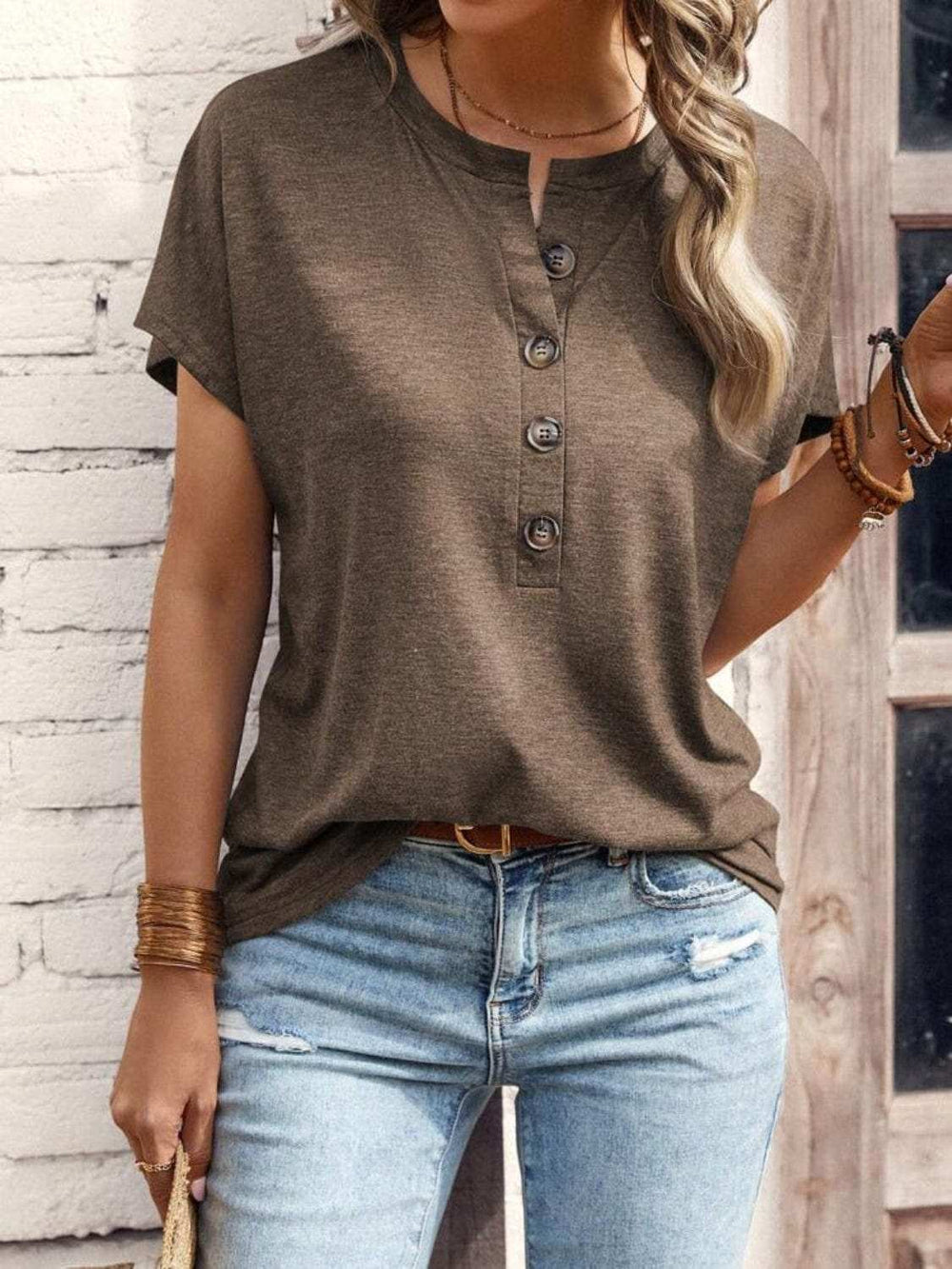 Half Button Short Sleeve Top - Trendsi - Flyclothing LLC