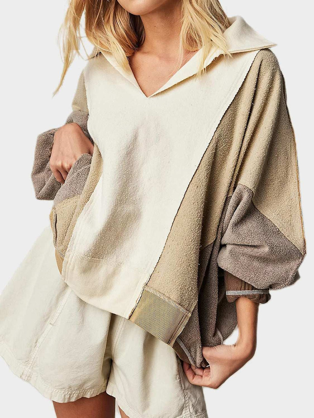 High-Low Exposed Seam Contrast Long Sleeve Sweatshirt - Trendsi - Flyclothing LLC