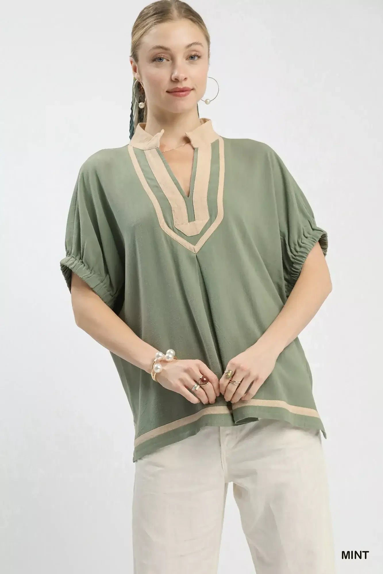 Umgee Linen Contrast Trim V-Neck Blouse - Trendsi - Flyclothing LLC