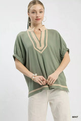 Umgee Linen Contrast Trim V-Neck Blouse - Trendsi - Flyclothing LLC